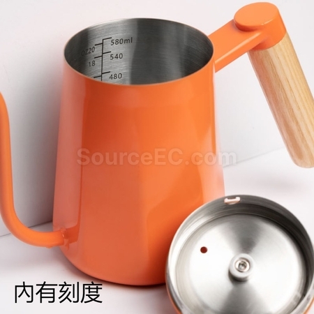 客製化304不鏽鋼長嘴細口木柄防燙手沖壺禮品